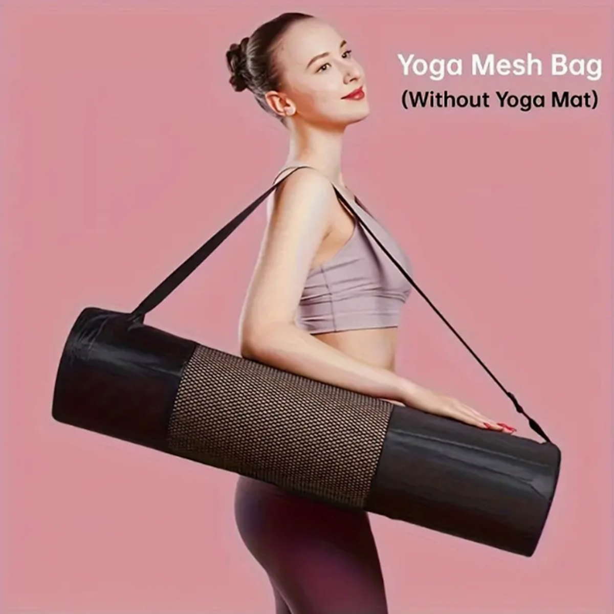 Fitness Yoga - 通気性のあるヨガマット収納メッシュバッグ - 耐久性のあるオックスフォード生地、黒色、ショルダーストラップ付き、日常使用やフィットネスに最適