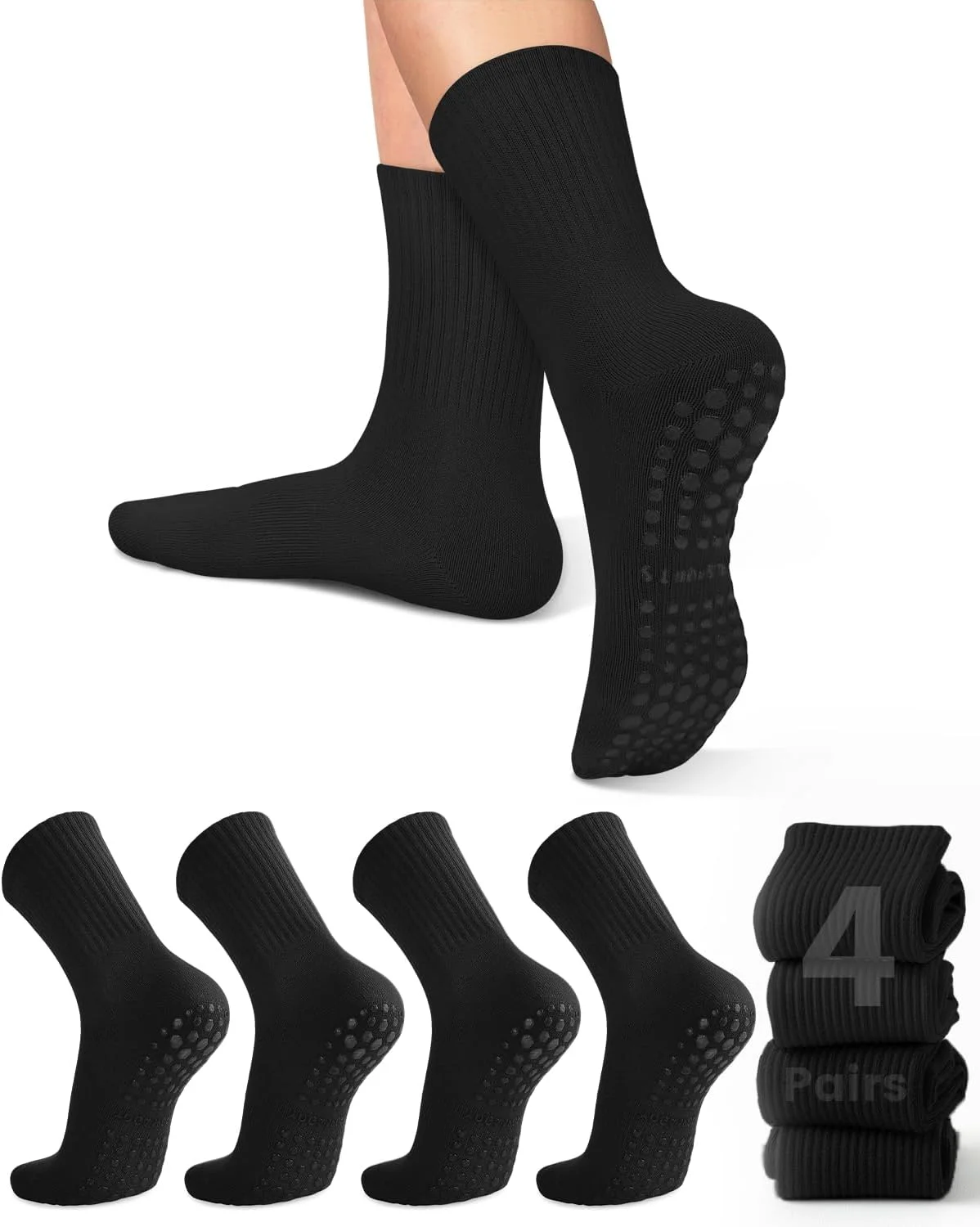 Yoga & Fitness Center - 女性用ヨガソックス4足、ソリッドカラーのミッドソール滑り止めグリップ付きヨガピラティスバレエソックス