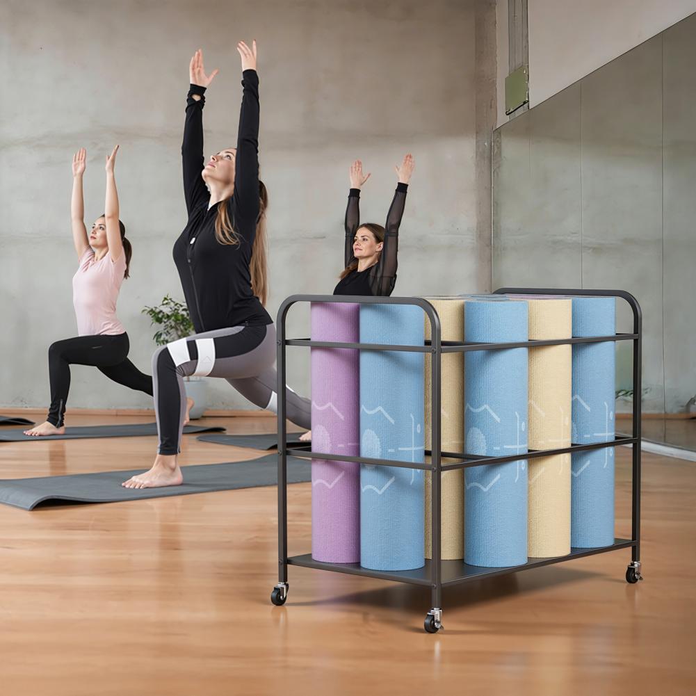Yoga Fitness Room - ヨガマット収納ラック（ホイール付き）、ホームジムトレーニング器具収納カート、エクササイズ＆フィットネスオーガナイザー、ブラック