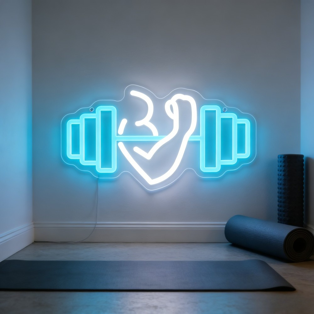 Yoga Fitness Room - 上腕二頭筋ダンベルネオンサインLEDウォールアート、ホームジム、ヨガスタジオ、フィットネスルームの装飾、アラビア語の神の引用句入りワークアウト照明