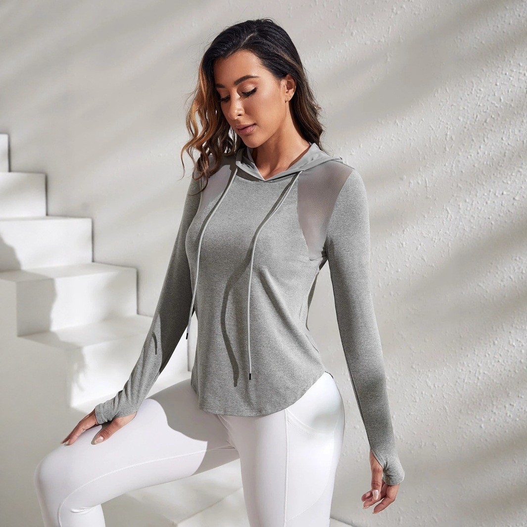 女性用メッシュスプライス加工のフード付きヨガスーツ、秋冬用、 - Yoga Fitness Drawing のレビューと価格